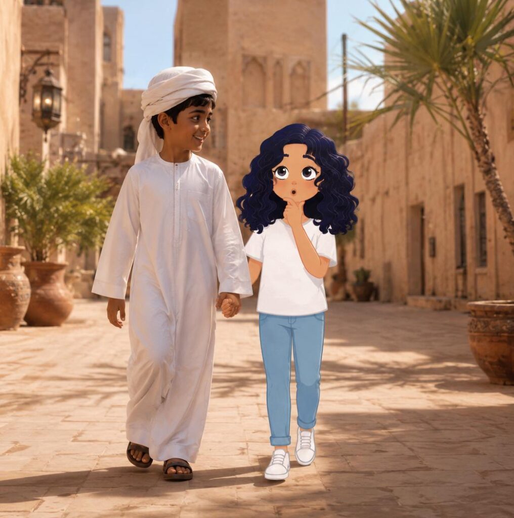 Illustrated girl character walking hand-in-hand with a boy in traditional white kandura through an old Emirati town alley